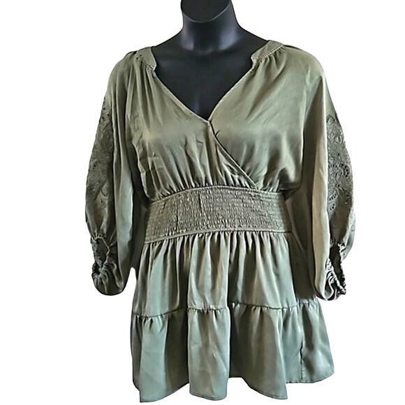 A Collective Story Annie Olive Green Smocked Mini Dress - Size Large NWOT - Picture 7 of 9